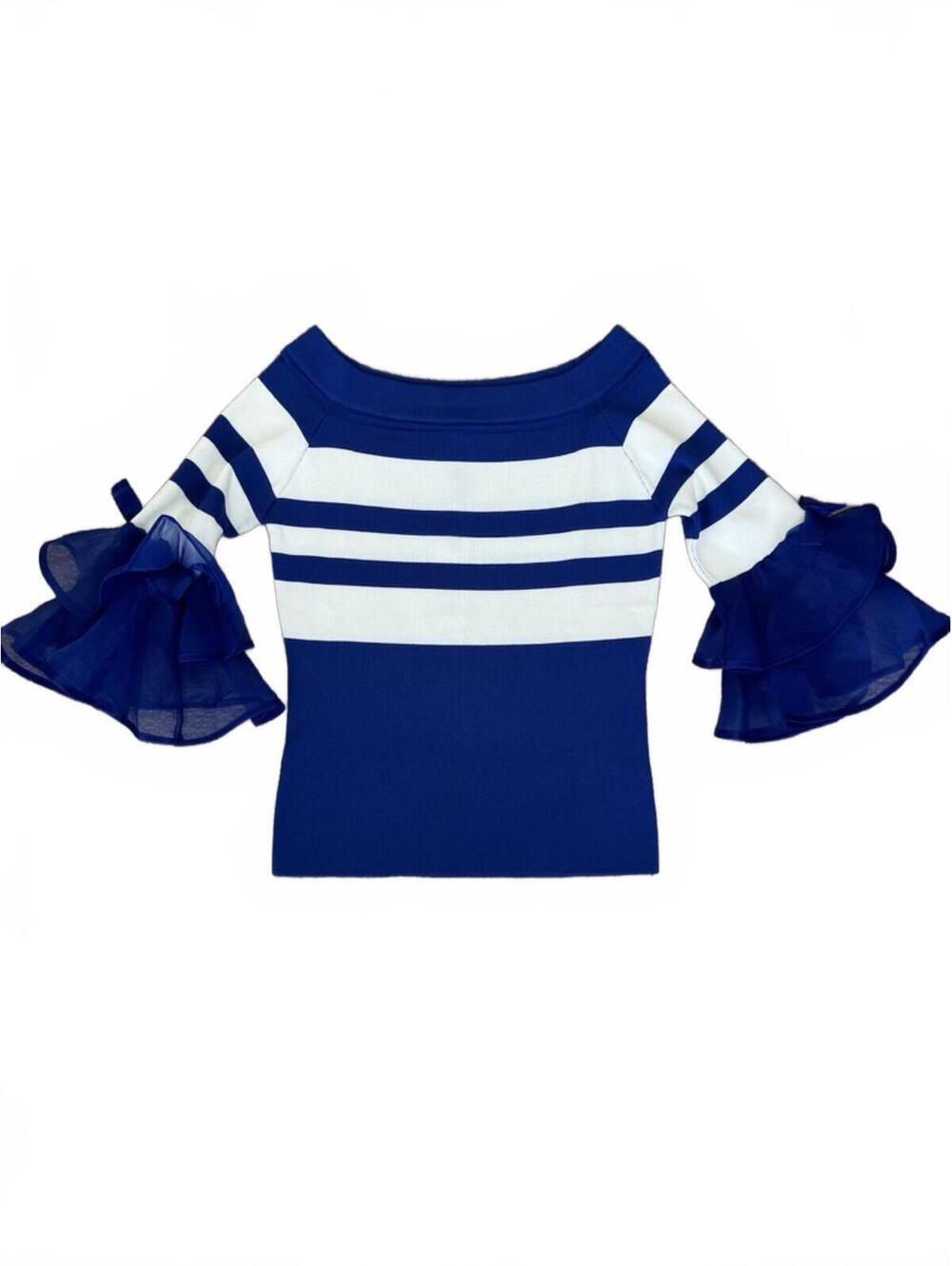 WHY Dress Blue and White Striped Off-Shoulder Top with Ruffle Sleeves